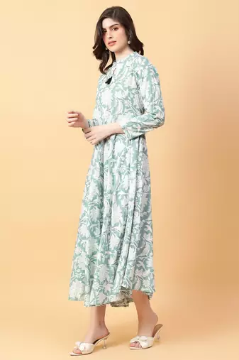 Green printed cotton long-kurtis
