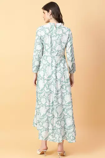 Green printed cotton long-kurtis