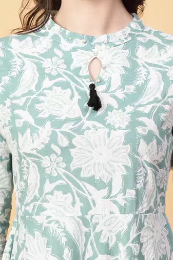 Green printed cotton long-kurtis