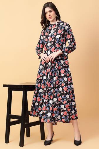 Black printed cotton long-kurtis