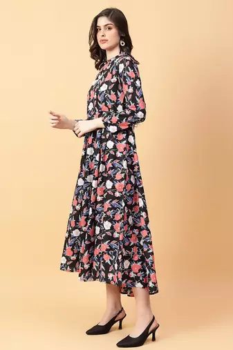 Black printed cotton long-kurtis
