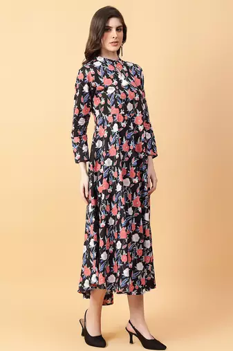 Black printed cotton long-kurtis