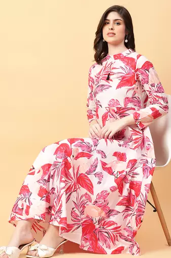 Red printed cotton long-kurtis