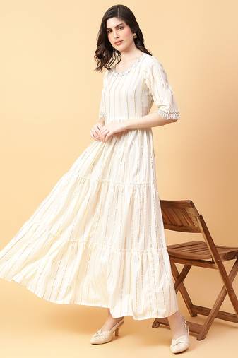 Cream printed cotton long-kurtis