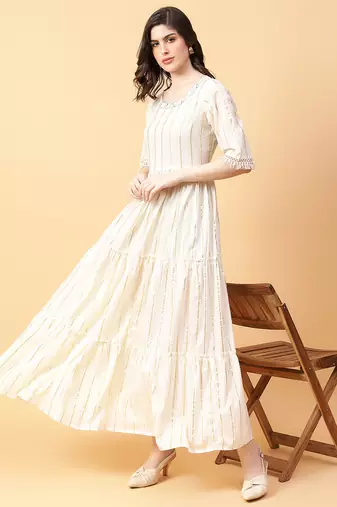 Cream printed cotton long-kurtis