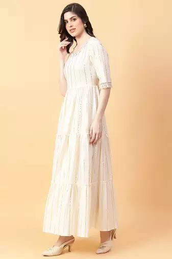 Cream printed cotton long-kurtis