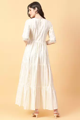 Cream printed cotton long-kurtis
