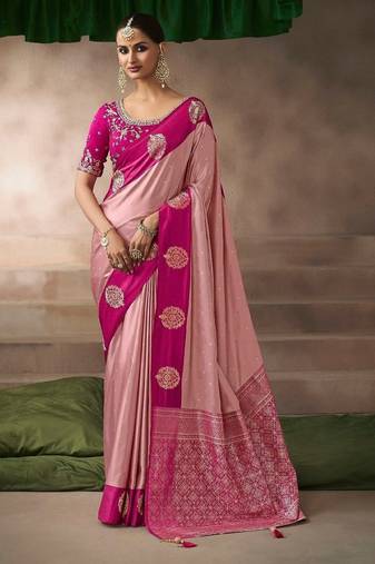 Light pink  satin silk Blend saree with heavy embroidered silk blend blouse elegant party wear saree
