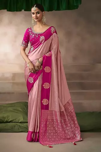Light pink  satin silk Blend saree with heavy embroidered silk blend blouse elegant party wear saree