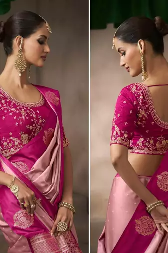 Light pink satin silk blend saree with embroidered silk blend blouse elegant party wear saree