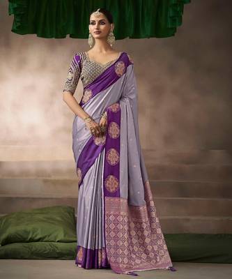 Lavender satin silk blend saree with embroidered silk blend blouse stylish festive wear 1