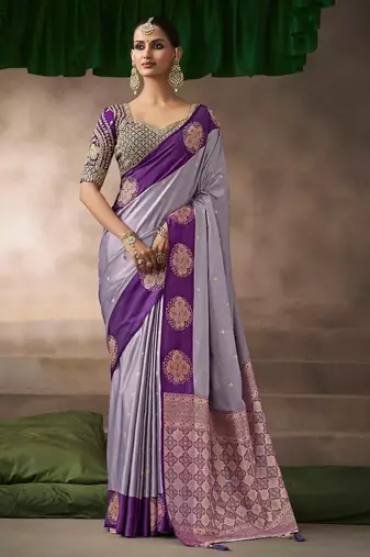 Lavender  satin silk Blend saree with heavy embroidered silk blend blouse stylish festive wear