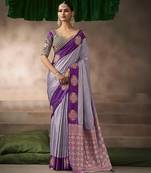 Lavender satin silk Blend saree with heavy embroidered silk blend blouse stylish festive wear