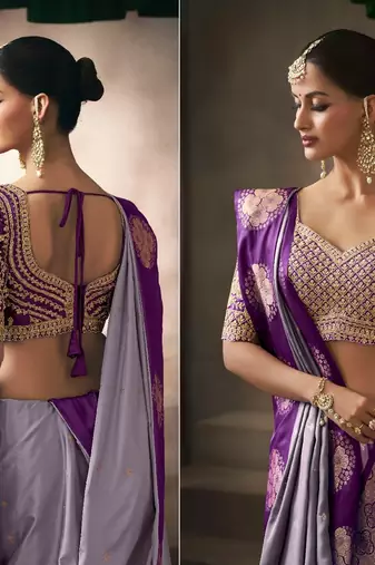 Lavender satin silk blend saree with embroidered silk blend blouse stylish festive wear
