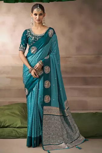 Teal blue  satin silk Blend saree with heavy embroidered silk blend blouse designer party wear saree