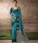 Teal blue satin silk Blend saree with heavy embroidered silk blend blouse designer party wear saree