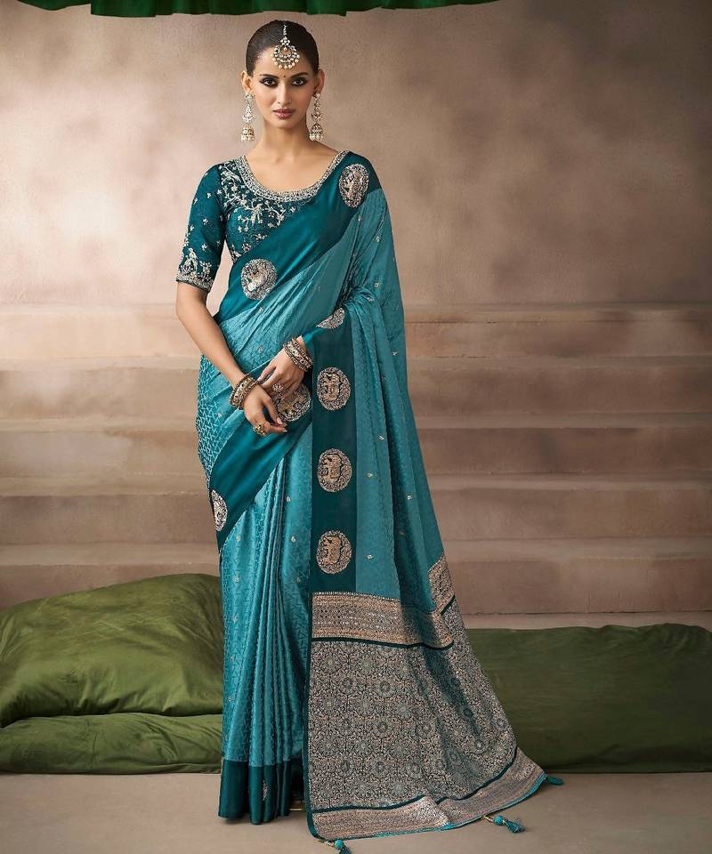 Teal blue  satin silk Blend saree with heavy embroidered silk blend blouse designer party wear saree
