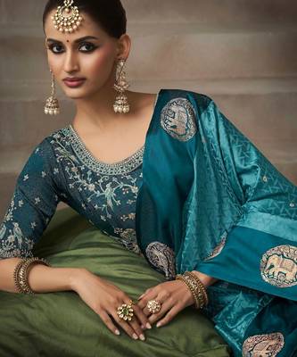 Teal blue satin silk blend saree with embroidered silk blend blouse party wear saree 2