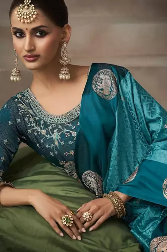 Teal blue satin silk blend saree with embroidered silk blend blouse party wear saree