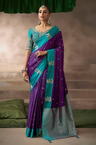 Purple  satin silk Blend saree with heavy embroidered silk blend blouse wedding party wear saree