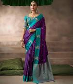 Purple satin silk Blend saree with heavy embroidered silk blend blouse wedding party wear saree