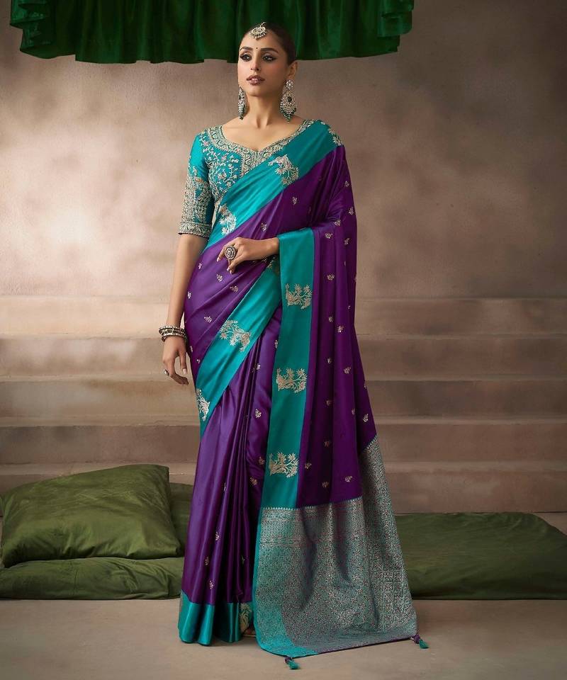Purple  satin silk Blend saree with heavy embroidered silk blend blouse wedding party wear saree