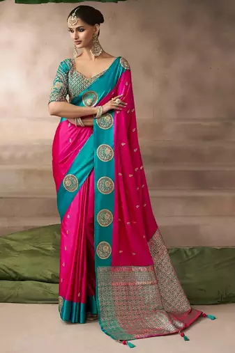 Rani pink  satin silk Blend saree with heavy embroidered silk blend blouse premium festive saree