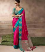 Rani pink satin silk Blend saree with heavy embroidered silk blend blouse premium festive saree