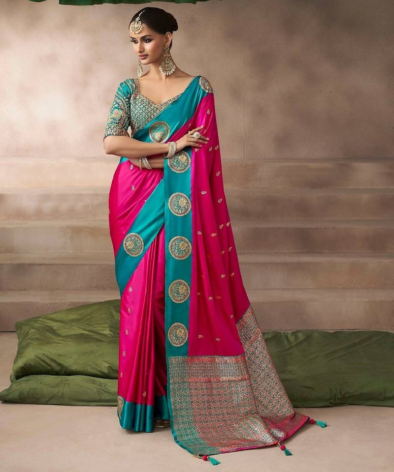 Rani pink  satin silk Blend saree with heavy embroidered silk blend blouse premium festive saree