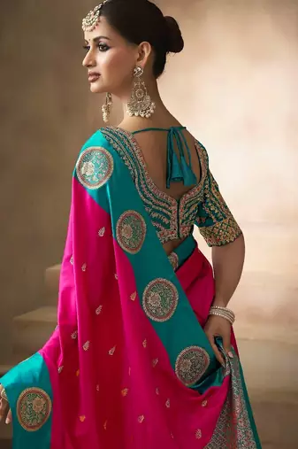 Rani pink satin silk blend saree with embroidered silk blend blouse premium festive saree