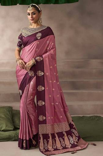 Pink  satin silk Blend saree with heavy embroidered silk blend blouse bridal party wear saree