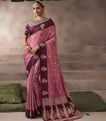 Pink satin silk Blend saree with heavy embroidered silk blend blouse bridal party wear saree