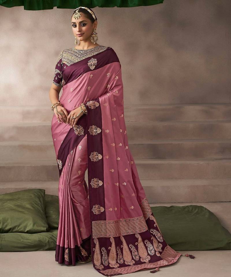 Pink  satin silk Blend saree with heavy embroidered silk blend blouse bridal party wear saree