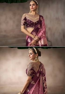 Pink satin silk blend saree with embroidered silk blend blouse bridal party wear saree 2