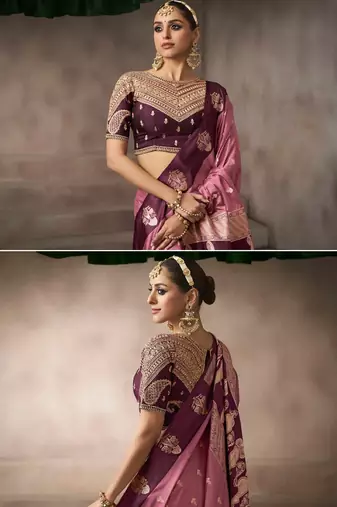 Pink satin silk blend saree with embroidered silk blend blouse bridal party wear saree