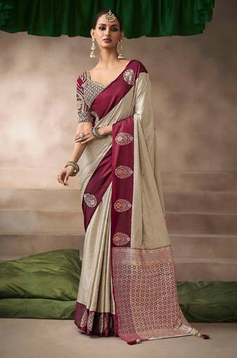 Cream  satin silk Blend saree with heavy embroidered silk blend blouse designer wedding saree