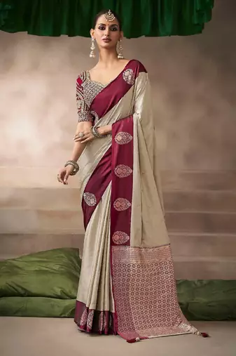 Cream  satin silk Blend saree with heavy embroidered silk blend blouse designer wedding saree
