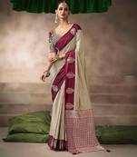 Cream satin silk Blend saree with heavy embroidered silk blend blouse designer wedding saree