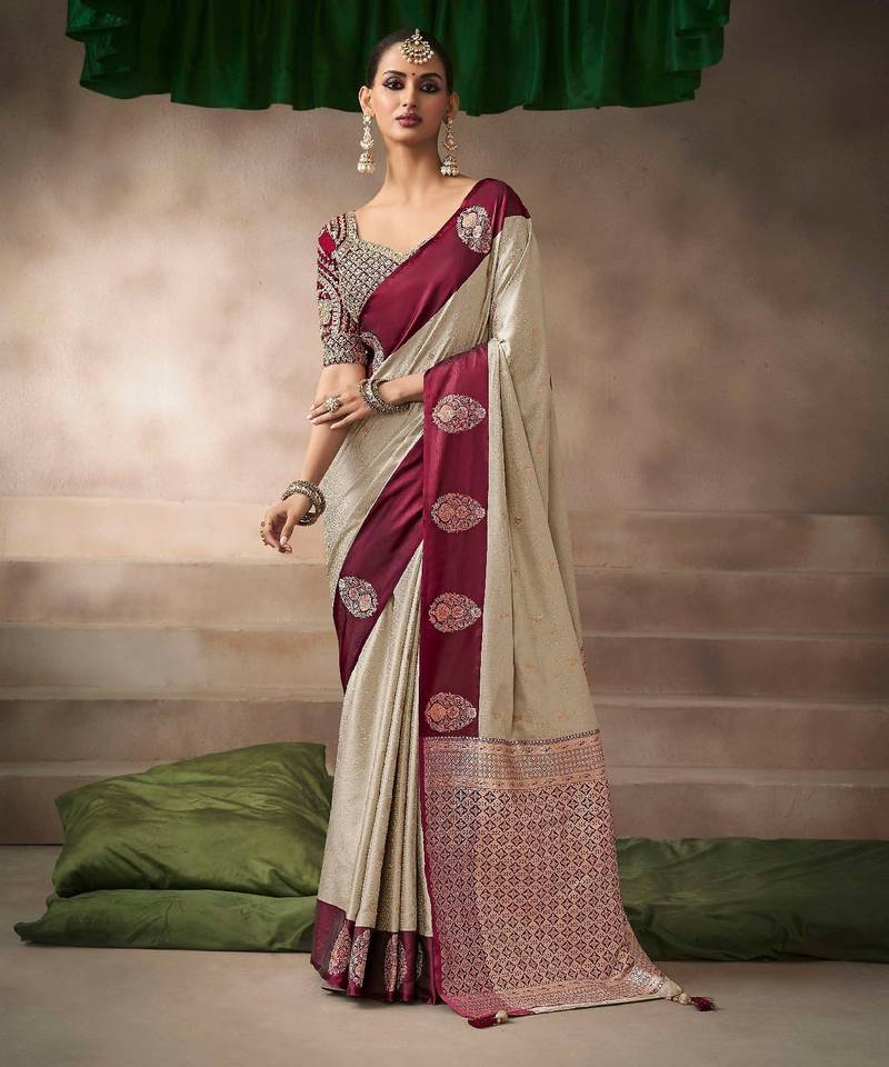 Cream  satin silk Blend saree with heavy embroidered silk blend blouse designer wedding saree