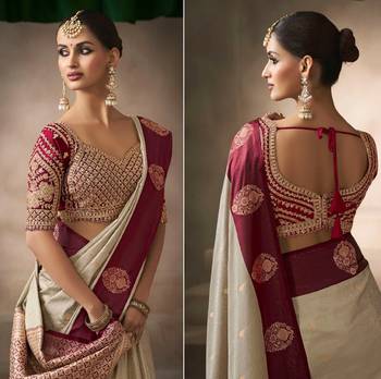 Cream satin silk Blend saree with heavy embroidered silk blend blouse designer wedding saree 2