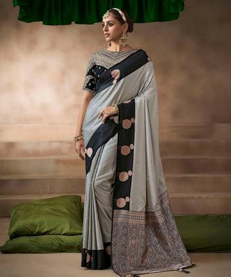 Grey black satin silk blend saree with embroidered silk blend blouse elegant party wear 1
