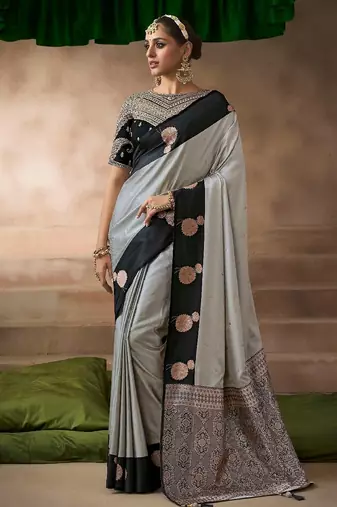 Grey black  satin silk Blend saree with heavy embroidered silk blend blouse elegant party wear