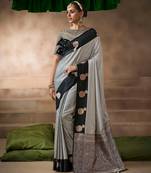 Grey black satin silk Blend saree with heavy embroidered silk blend blouse elegant party wear