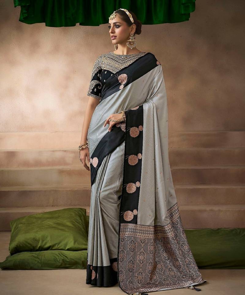 Grey black  satin silk Blend saree with heavy embroidered silk blend blouse elegant party wear