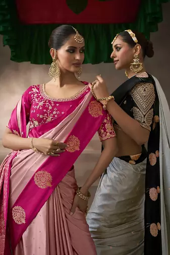 Grey black satin silk blend saree with embroidered silk blend blouse elegant party wear