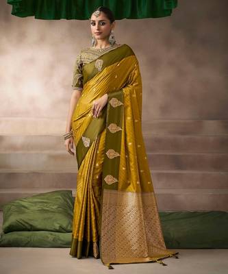 Mustard satin silk blend saree with embroidered silk blend blouse party & wedding wear 1