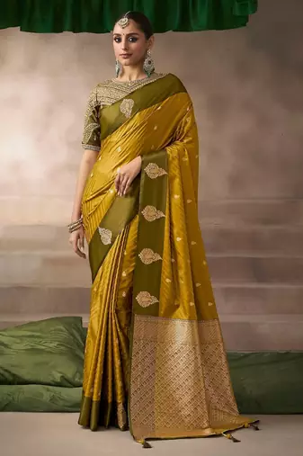 Mustard  satin silk Blend saree with heavy embroidered silk blend blouse party & wedding wear