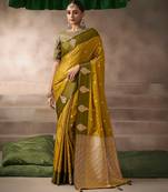Mustard satin silk Blend saree with heavy embroidered silk blend blouse party & wedding wear