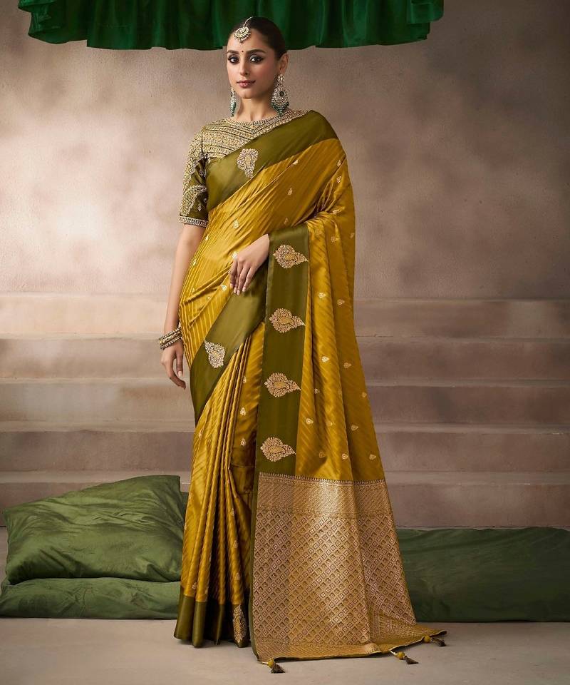 Mustard  satin silk Blend saree with heavy embroidered silk blend blouse party & wedding wear