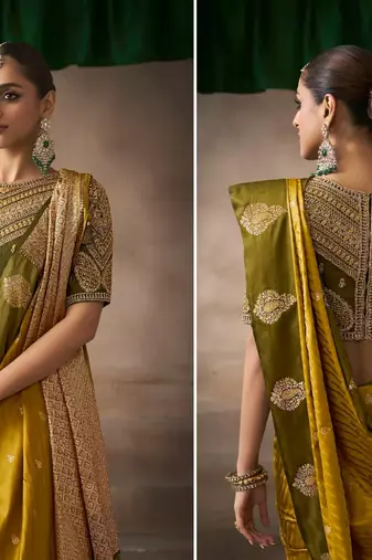 Mustard satin silk blend saree with embroidered silk blend blouse party & wedding wear